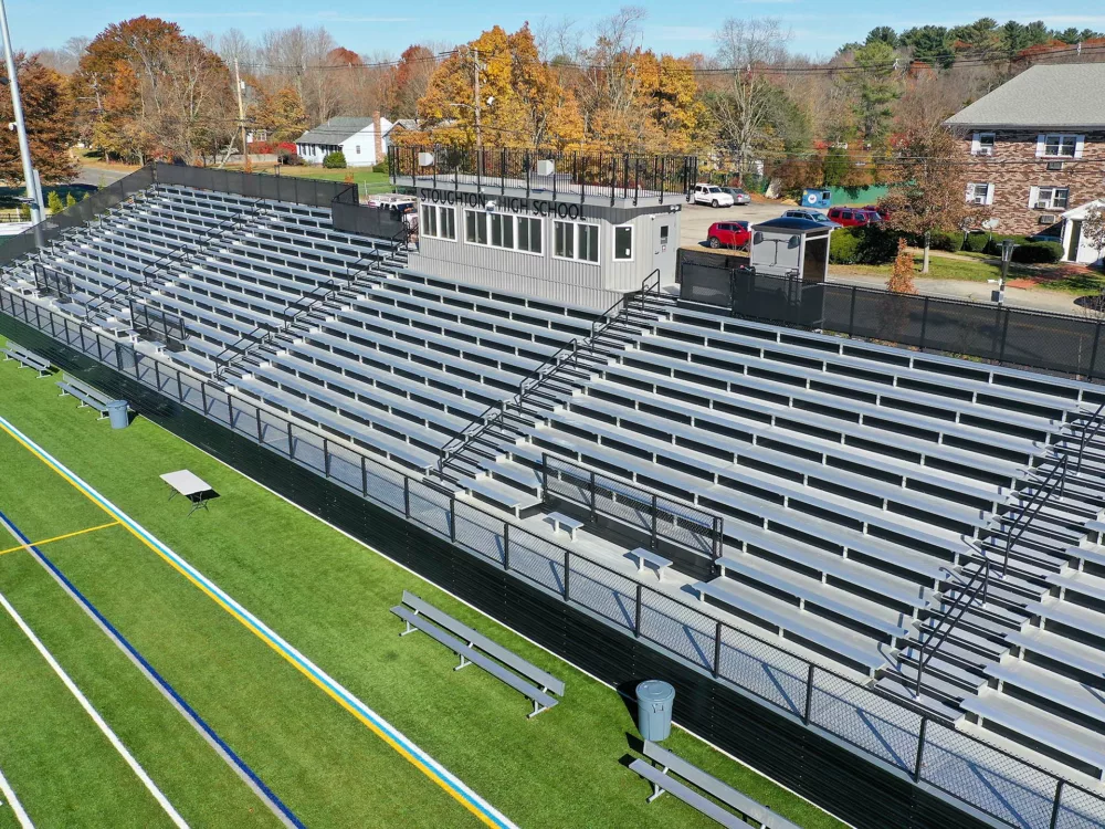 Aerial view of Dant Clayton grandstand seating, complete with a press box.