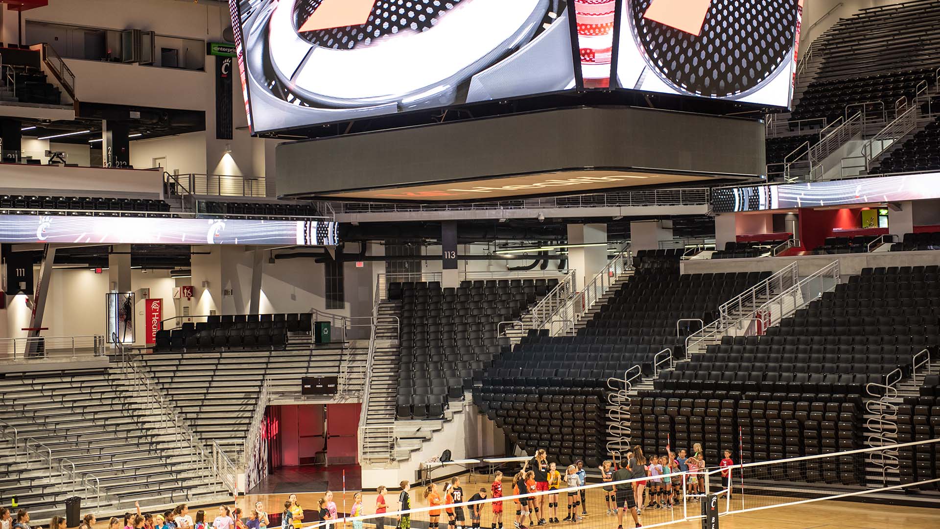 A closer view of the arena design at Fifth Third Arena - focusing on the bleacher seat design.