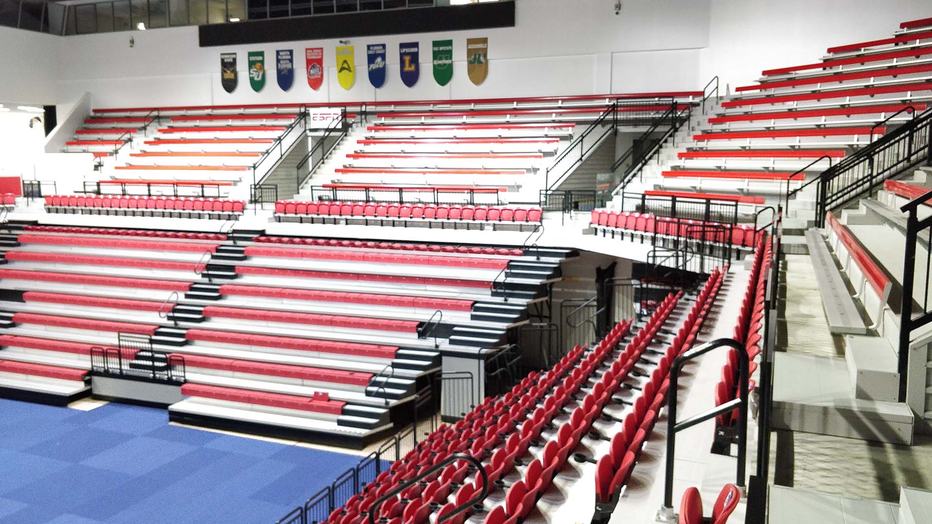 A closer view of the arena seating and aluminum rail system at NJIT Wellness and Events Center.