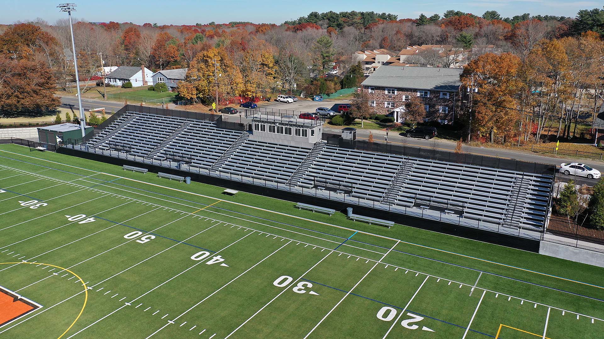 Grandstand and press box for football stadium in Stoughton, MA