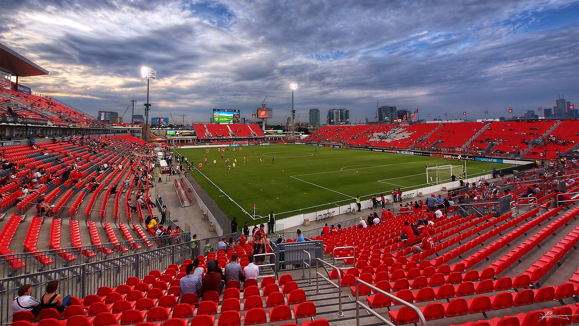 BMO Field as fans are filling the grandstands and bleacher seats.