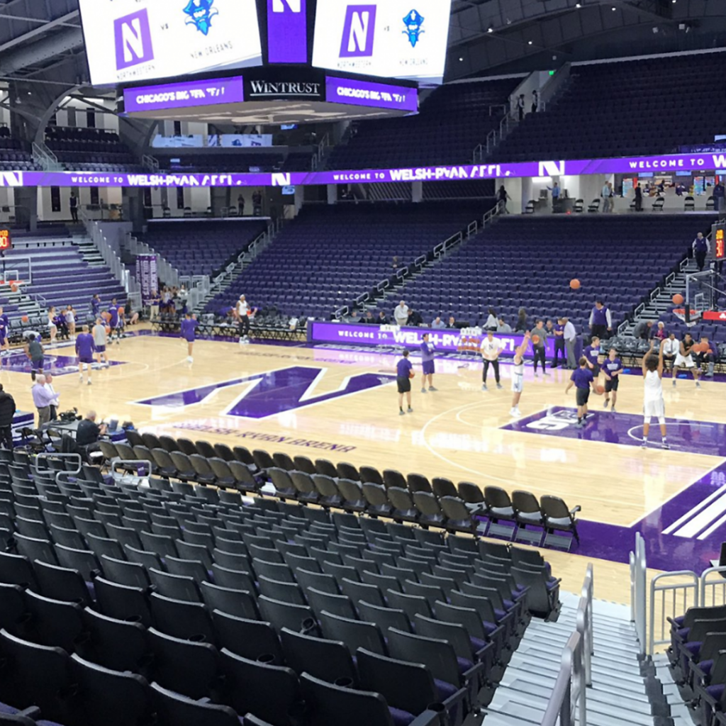 A closer view of Welsh-Ryan Arena: visible is the arena's custom bleacher seats.